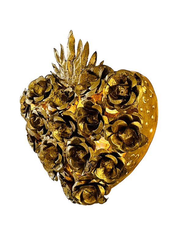 Tin Sacred Heart Luminaria with Roses - Gold Leaf or Silver Leaf