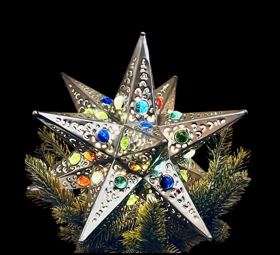 TIN STAR Christmas Tree TOPPER with Colored Marbles, Mexican Xmas Star Topper, Handmade Punched Tin Estrella