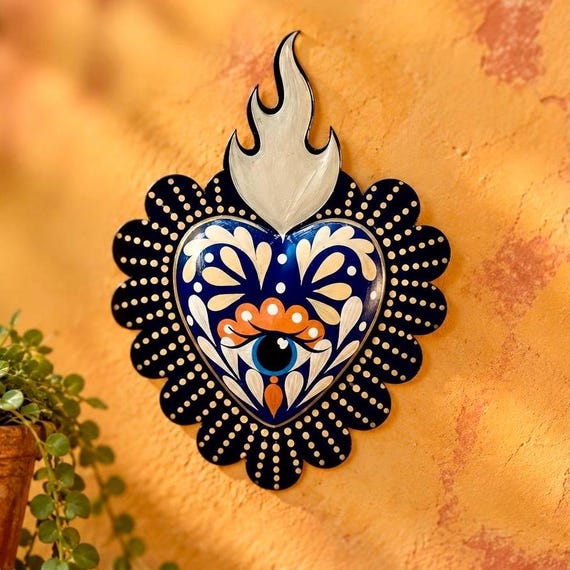 Tin Sacred Heart with Evil EYE, Protective Ornament 8” Mexican Corazon