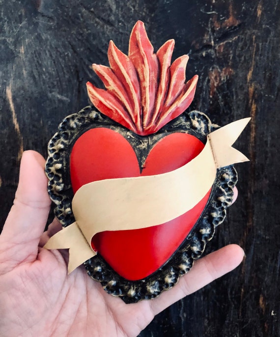 Tin SACRED HEART Ornament, Small Mexican Corazon