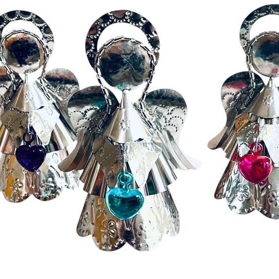 Tin ANGEL with Glass HEART, Mexican Punched Tin Angel with Corazon