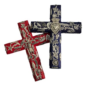 Mexican MILAGROS CROSS, Wood Cross with Charms, ExVotos