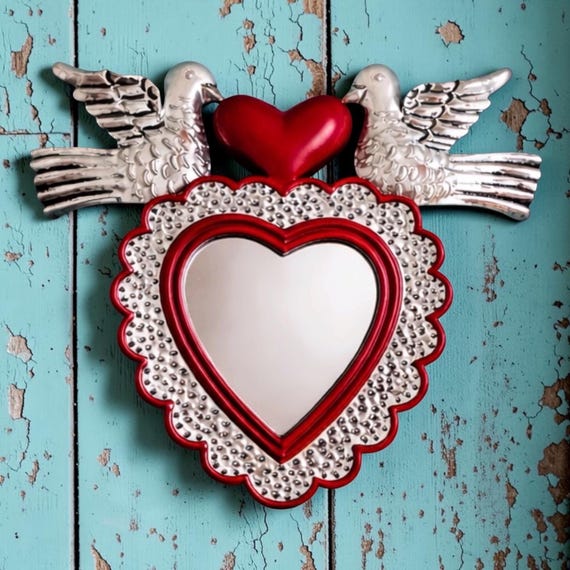 Tin HEART MIRROR with Doves, Small Mexican Corazon Palomas Ornament