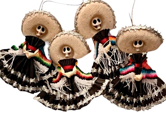 Day of the Dead CATRINA Ornaments Magnets, Set (4) CORN HUSK Mexican Christmas Decorations Party Favors