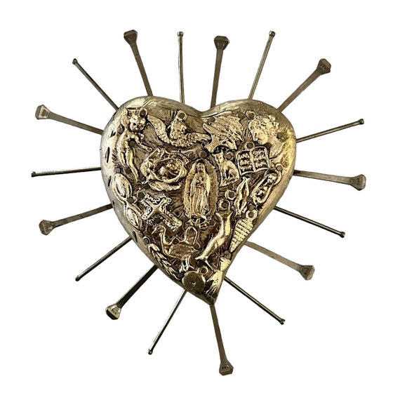 Milagros Sacred Heart: Embossed Tin Mexican Corazón with Nails