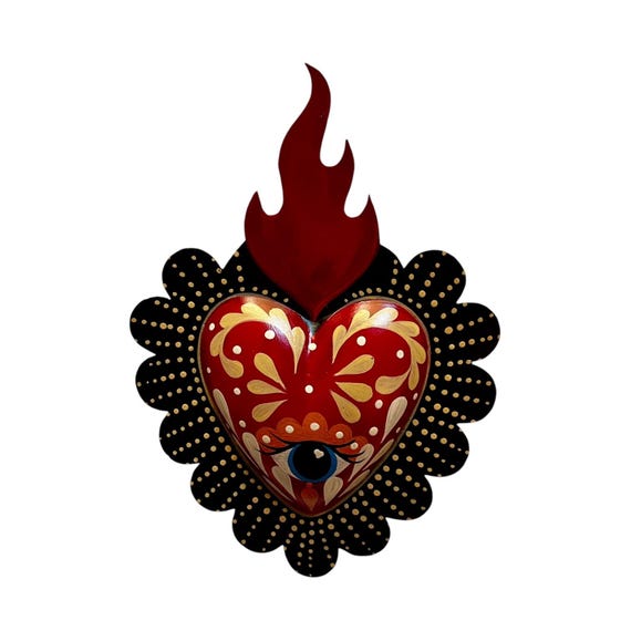 Punched TIN HEART, Sacred Heart with Evil Eye Protective Charm 8” Mexican Corazon