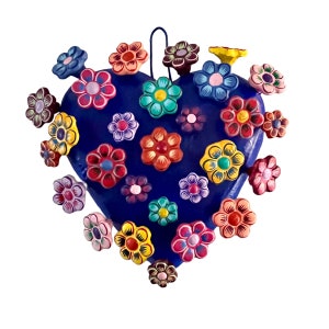 Clay HEART with FLOWERS,  Mexican Pottery Corazon, Blue Heart