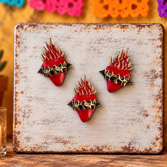 Set (3) Small SACRED HEART with Thorns Magnets, Altar Decoration Mexican Tin Ornaments