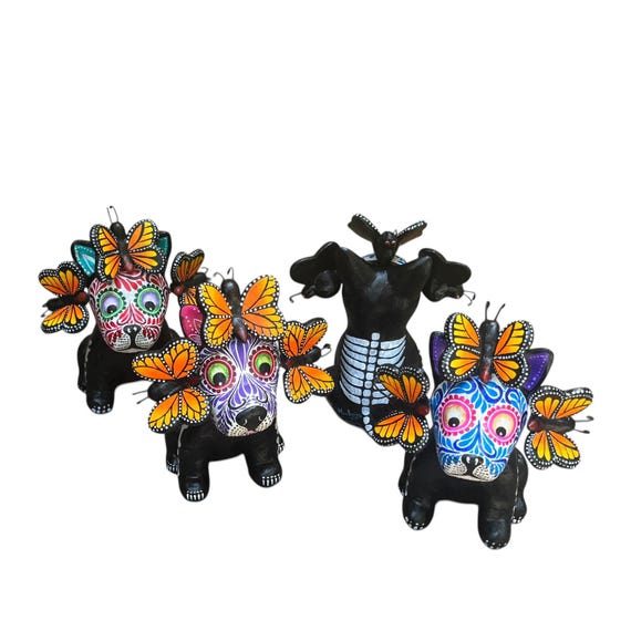 DAY of the Dead DOG, Altar Ofrenda Decoration, Mexican Pottery, Skeleton Puppy with BUTTERFLIES