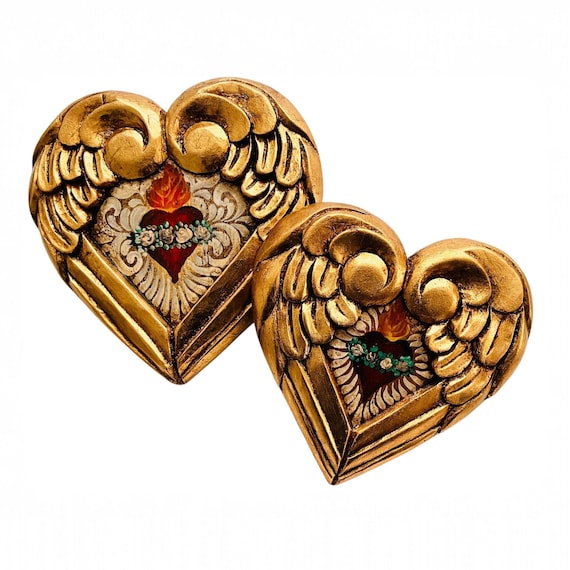 SACRED HEART with Wings, Winged Mexican Corazon. Gold Leaf