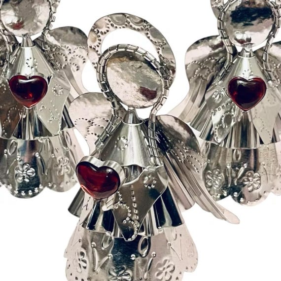 Tin ANGEL with Glass HEART, Mexican Punched Tin Angel with Corazon