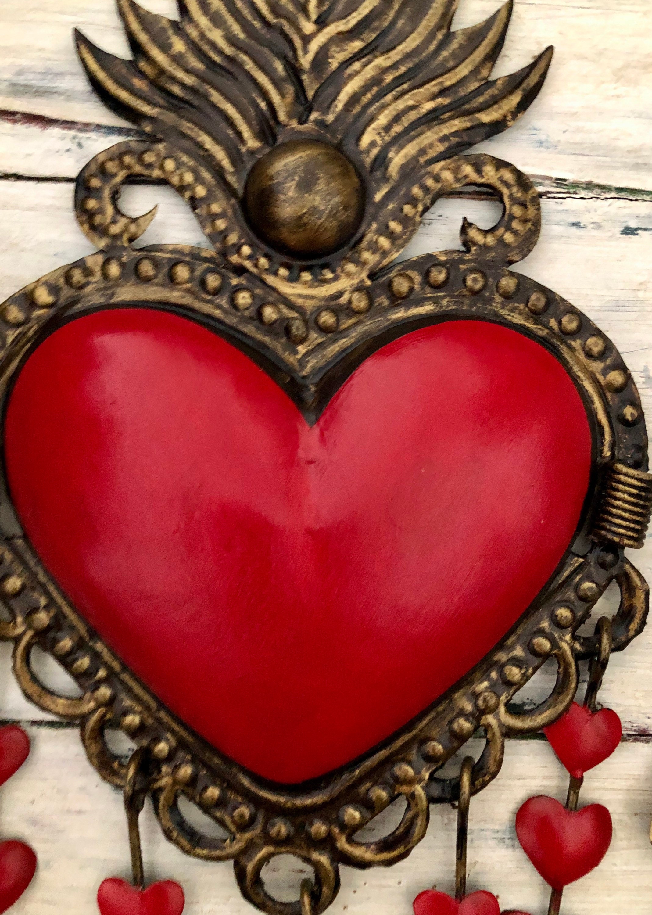 TIN HEARTS SET, Heart with Hanging Hearts, Sacred Heart with Flames