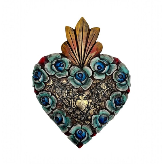 MILAGROS HEART, Sacred Heart Milagro Carved Roses, Mexican Corazon 18.5”