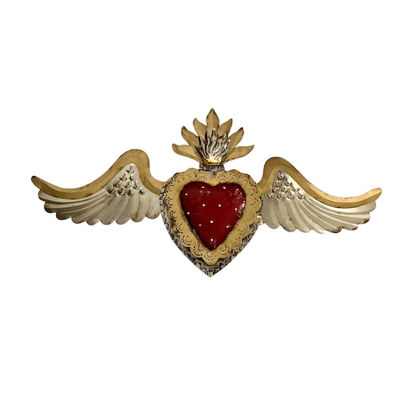 SACRED HEART Tin Luminaria, Punched Tin Heart Light, Winged Heart, Red Heart with Wings 24”