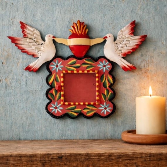 Mexican Tin Sacred Heart Nicho, Hand Painted Shadowbox Frame with Doves