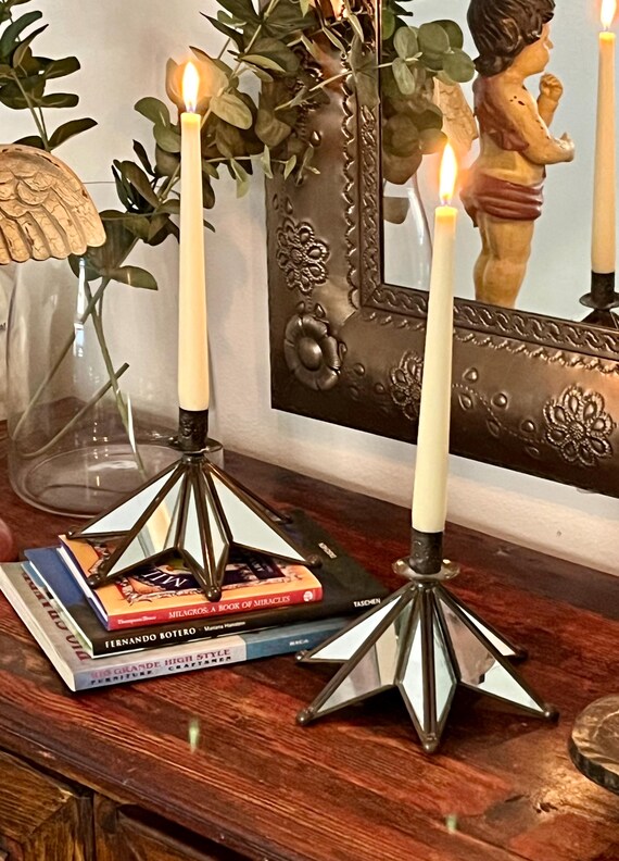 Pair GLASS STAR Candlesticks: Mexican Tin/Glass Estrella Candle Holders (Set of 2)
