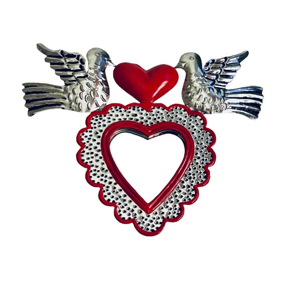 Tin HEART MIRROR w Doves, Mexican Corazon Palomas