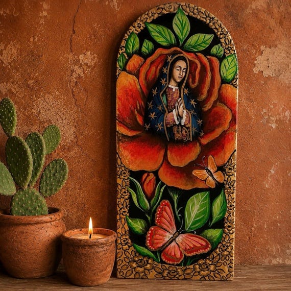 VIRGIN GUADALUPE Batea Doughbowl, LG 24” Hand Painted Mexican Retablo