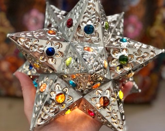 MEXICAN Punched TIN STAR w Colored Marbles, Table Lamp, Christmas Tree Topper, Estrella Wall Sconce Luminaria