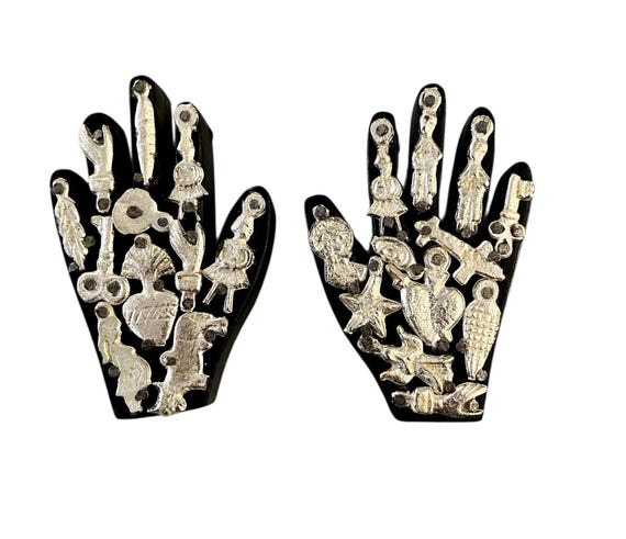PAIR Mexican MILAGROS HANDS, Set (2) Mini Hands With Charms, ExVotos Healing Hands