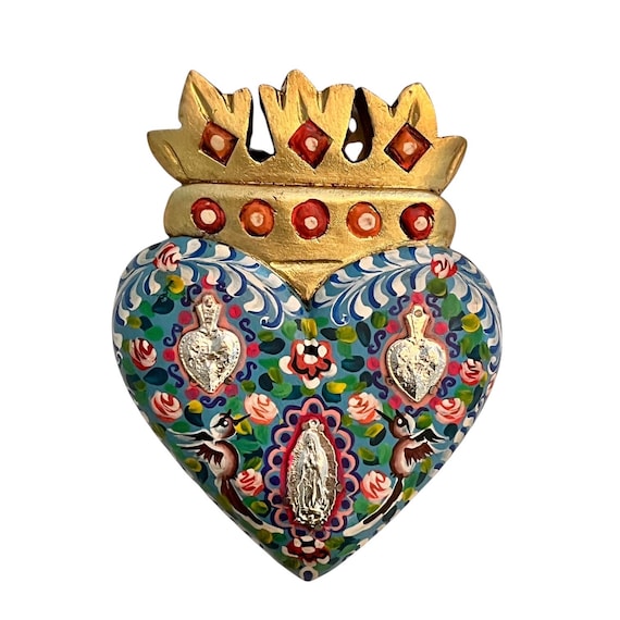 Milagros Heart Virgin GUADALUPE & Doves, ExVotos Corazon, SACRED Heart with CROWN
