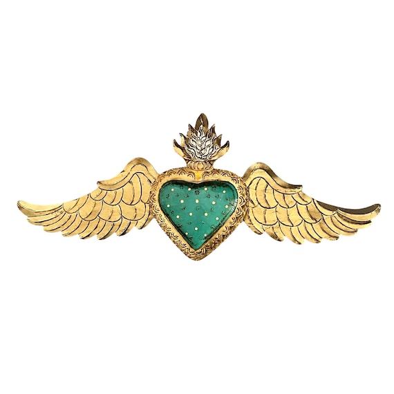 XLG 40" SACRED HEART Tin Luminaria, Punched Tin Heart Light, Winged Heart, Aqua Heart with Gold Wings 38”