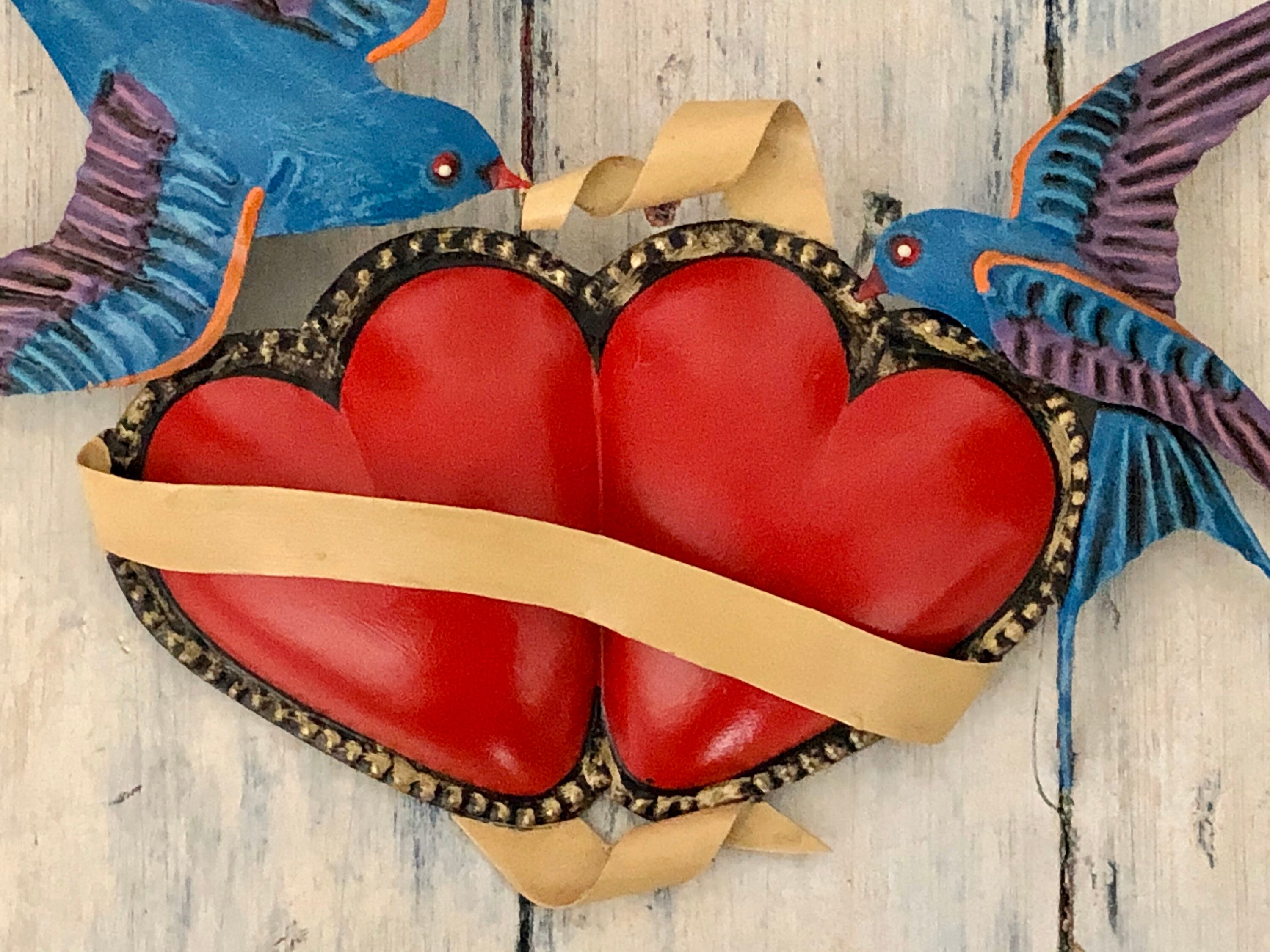 Painted Tin Double Heart With Doves, Punched Tin Sacred Hearts