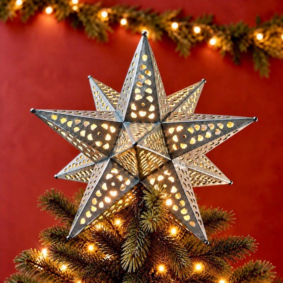 Moravian TIN STAR Christmas Tree Topper, Xmas Topper Mexican Estrella Luminaria 9” or 11 inch