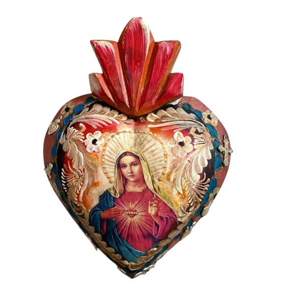 SACRED Heart of MARY, Mexican Retablo ExVotos Corazon, LG 10"