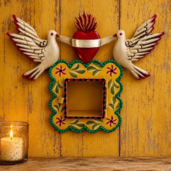 Sacred Heart Nicho, Hand Painted Shadowbox Frame with Doves,  Yellow - Mexican Tin Love Birds Niche