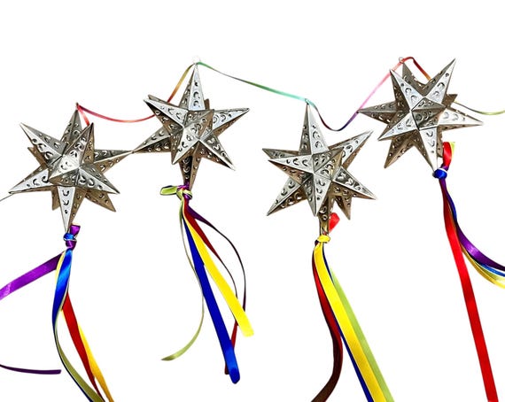 Mexican TIN STARS with Colorful Ribbons, SET (4) Moravian Stars, Mexico Star Christmas Ornaments