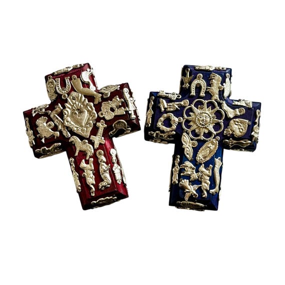 Mexican MILAGROS CROSS, Small Wood Cross with Charms, ExVotos