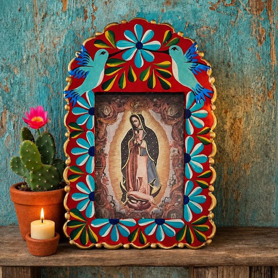 Mexican Nicho with Hummingbirds, Virgin GUADALUPE, Hand Painted Tin Frame 8”