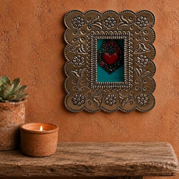Mexican Tin NICHO,  Shadowbox Frame with Sacred Heart