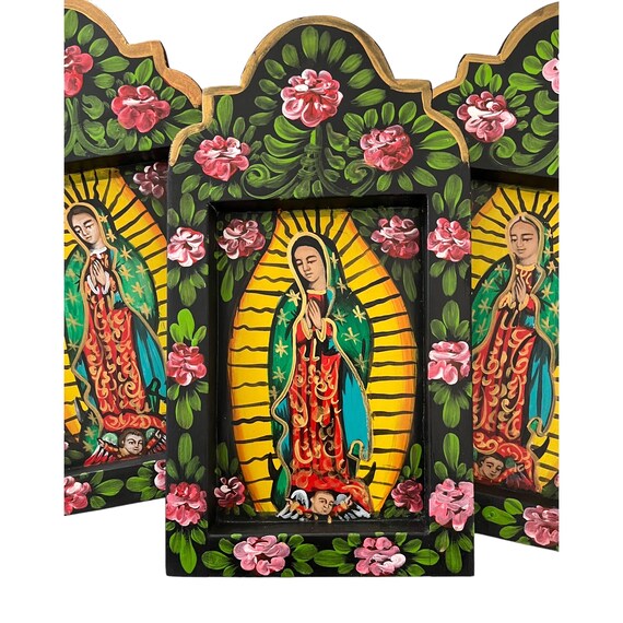 VIRGIN GUADALUPE Nicho, Mexican Retablo Virgin Mary, Altar Ofrenda Nicho LG 15”