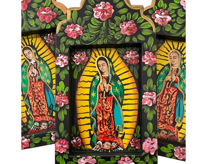 Featured listing image: VIRGIN GUADALUPE Nicho, Mexican Retablo Virgin Mary, Altar Ofrenda Nicho LG 15”