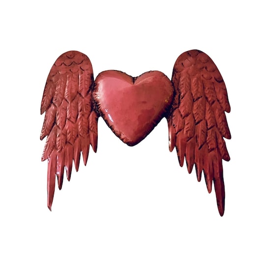 WINGED HEART, Mexican Corazon, Punched Tin Heart with Wings, Pink