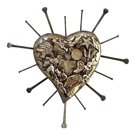 Milagros Heart with Nails, 7" Embossed Tin Mexican Corazón