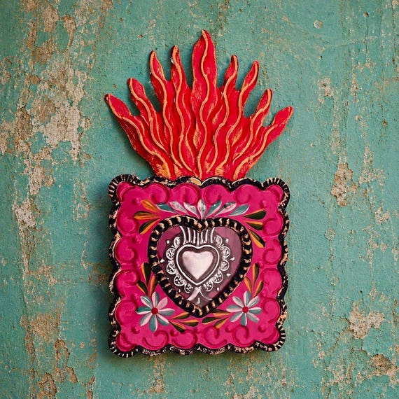 SACRED HEART Nicho, Mexican Tin Milagro Frame, Pink