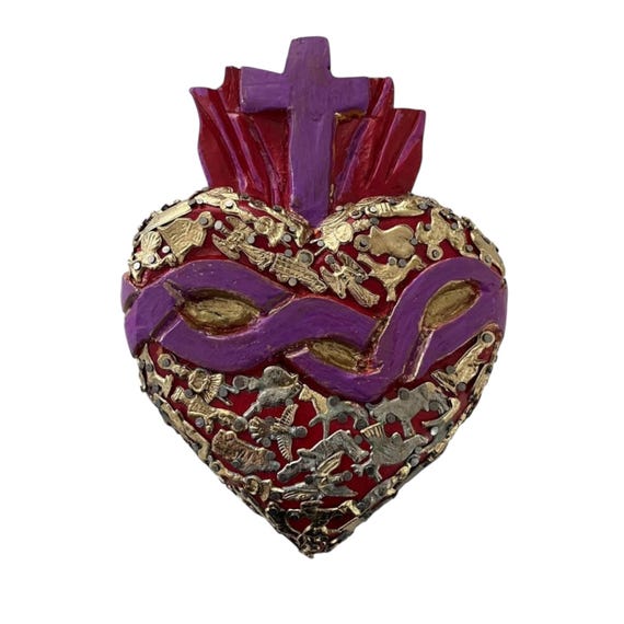 Mexican MILAGROS HEART with Cross & Thorns, Sacred Heart with Charms, ExVotos Corazon