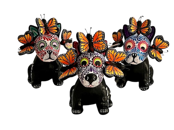 Day of the Dead Dog, Altar Ofrenda Decoration, Mexican Pottery, Skeleton Puppy with Butterflies