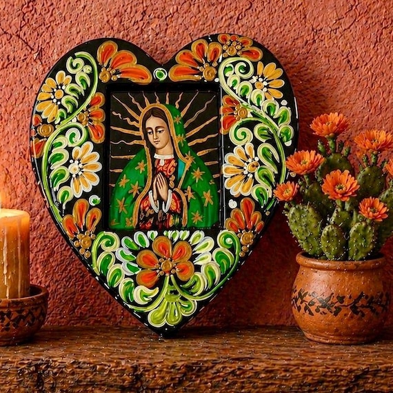 VIRGIN GUADALUPE Retablo Heart, Mexican Corazon LARGE 10"