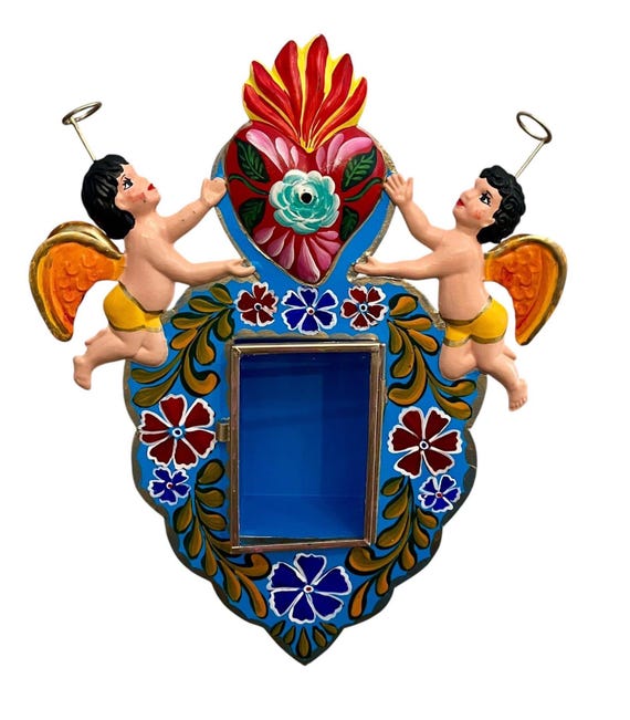 SACRED HEART Nicho Frame: Mexican Tin Corazon with Angels, Cherubs LG 10” Love Shadowbox