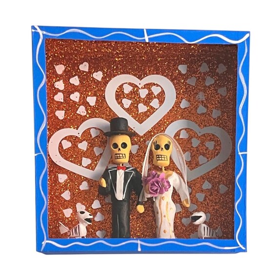 Day of the Dead Shadowbox WEDDING NICHO, Bride & Groom, Puppies, Novios
