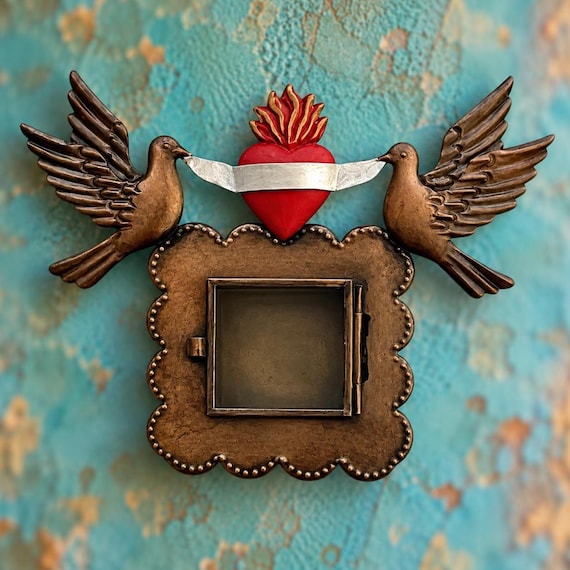 Sacred Heart Nicho, Shadowbox Frame with Doves, Mexican Tin Love Birds Niche