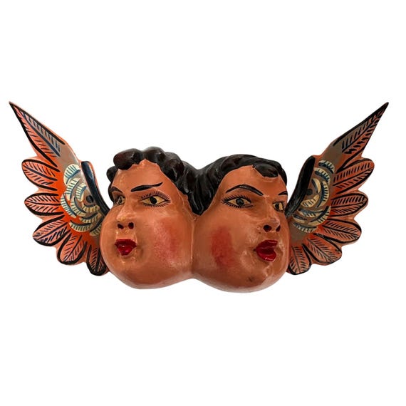 WOOD ANGEL, Two Faces Painted Angel, Cherub, Mexican Chubby Cheeks Angel
