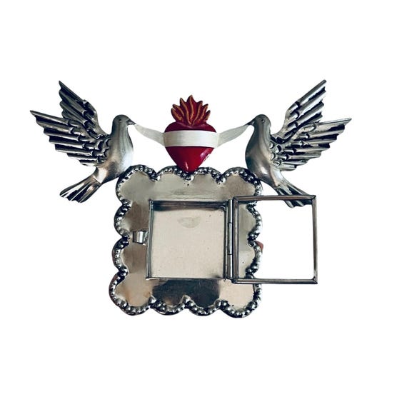 SACRED HEART Frame with Doves, Mexican Tin Heart Nicho, Shadowbox Niche, Silver