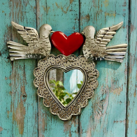 Tin HEART MIRROR with Doves, Small Mexican Corazon Palomas Ornament