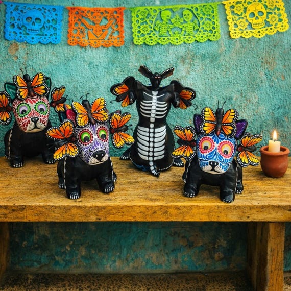 DAY of the Dead DOG, Altar Ofrenda Decoration, Mexican Pottery, Skeleton Puppy with BUTTERFLIES
