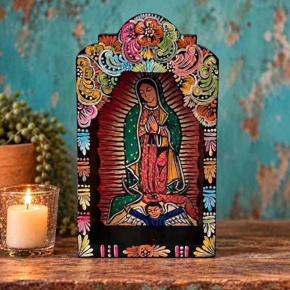 Virgin GUADALUPE  NICHO , Hand Painted Shadowbox Frame LG 14”H